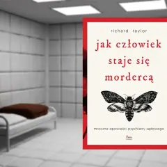 Książka "Jak człowiek staje się mordercą" w tle z łóżkiem w pokoju o wyściełanych ścianach.