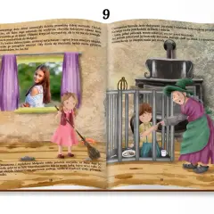 Baśń o Jasiu i Małgosi. Zła Baba Jaga więzi Jasia w klatce, a Małgosia musi gotować.