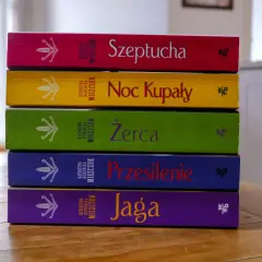 Pięć kolorowych książek Katarzyny Bereniki Miszczuk ułożonych jedna na drugiej. Na okładkach widnieje symbol kwiatu paproci.