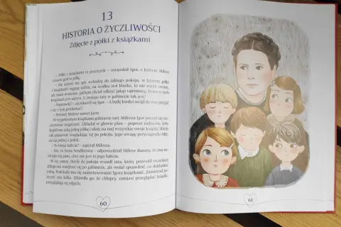 Ilustracja przedstawia grupę dzieci i dorosłego, otoczonych opowieściami o tym, co w życiu ważne.