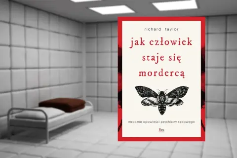 Książka "Jak człowiek staje się mordercą" Richarda Taylora, z motywem ćmy śmierci, w tle szpitalnej sali.
