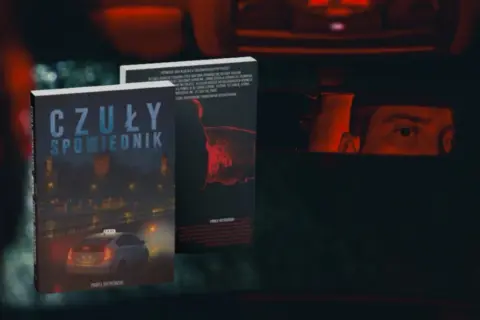 Okładki książek "Czuly Spowiednik" i innej powieści Pawła Rutkowskiego. W lusterku wstecznym odbija się twarz kierowcy.