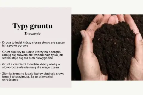 Dłonie trzymają ziemię, symbolizującą przypowieść o talentach i różne typy ludzi.