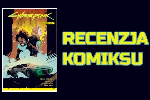 Mrok nad Tokyoramą w komiksie "Cyberpunk 2077: Kickdown". Dwie postacie i futurystyczny samochód na tle miasta.
