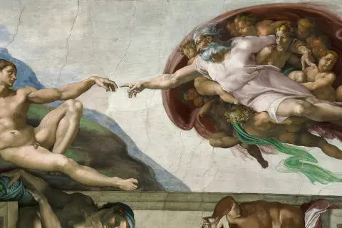 Udręka i ekstaza w dotyku palców Adama i Boga. Boska iskra życia, nadzieja i wieczna miłość.
