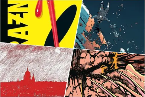 Kolaż z grafikami z komiksów: "Watchmen", astronauci spadający z kosmicznego statku, czerwony rysunek miasta i zbliżenie na Wolverine'a. To może być część listy top 10 komiksów wszechczasów.