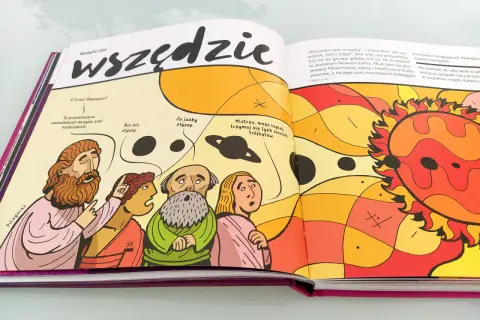 Ilustracja z książki o muzyce: Pitagoras i inni filozofowie dyskutują o muzyce wszechświata.