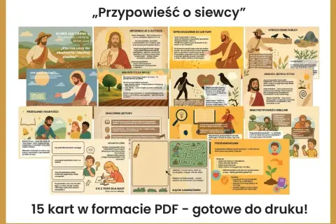 Przypowieść o siewcy: Jezus wyjaśnia, jak słowo Boże działa w sercach ludzi. Ilustracje pokazują różne rodzaje gleby i ich wpływ na wzrost ziarna.
