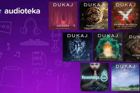 Okładki audiobooków Dukaja, w tym "Perfekcyjna niedoskonałość", na tle fioletowej grafiki z ikonami muzycznymi i słuchawkami.