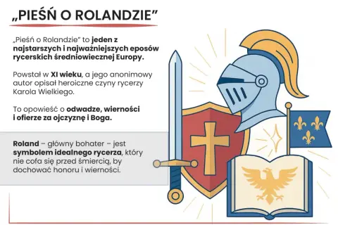 Ilustracja przedstawia symbole związane z "Pieśnią o Rolandzie": hełm, tarczę z krzyżem, miecz, księgę z orłem i flagę z liliami.