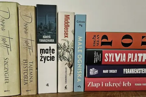 Książki na półce, w tym "Małe życie" i "Tajemma historia", sugerują rozważania o życiu po życiu.