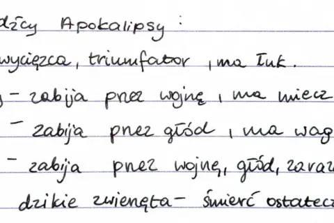 Jeźdźcy Apokalipsy: Biały (zwycięzca), Czerwony (wojna), Czarny (głód), Siny (wojna, głód, zaraza) - streszczenie.