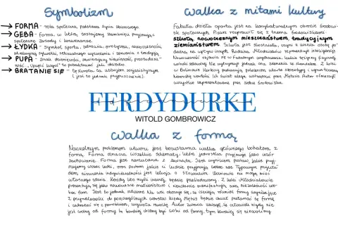 Symbolizm, walka z mitami kultury, walka z formą – kluczowe motywy Ferdydurke. Gombrowicz ośmiesza środowiska, wyśmiewa stereotypy.