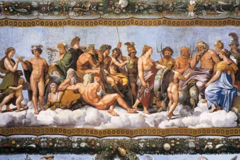 Boska rada bogów greckich, w tym Zeusa, omawia stworzenie świata według mitologii greckiej.