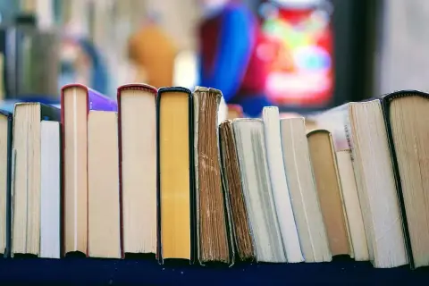 Rząd książek, jak streszczenie historii. W tle kolorowe, rozmyte kształty, może jakaś lalka?