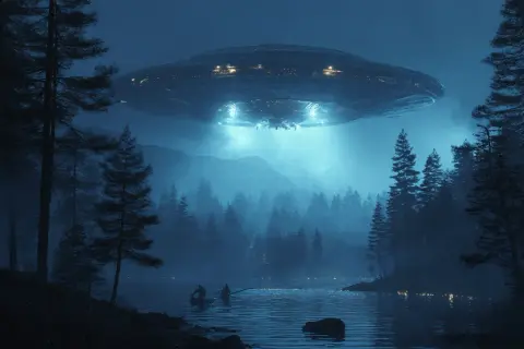 Nocny las nad jeziorem, nad którym unosi się lśniący statek obcych. Scena jak z książek o ufo, z dwoma rybakami w łodzi.