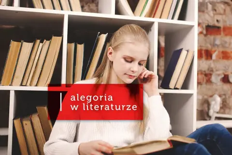 Dziewczynka zanurzona w lekturze, otoczona książkami. W tle napis "alegoria w literaturze", sugerujący głębię czytanej opowieści.