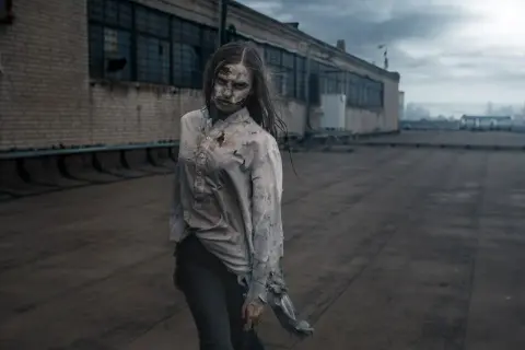 Przerażająca postać, jak z książek o zombie, stoi na dachu.